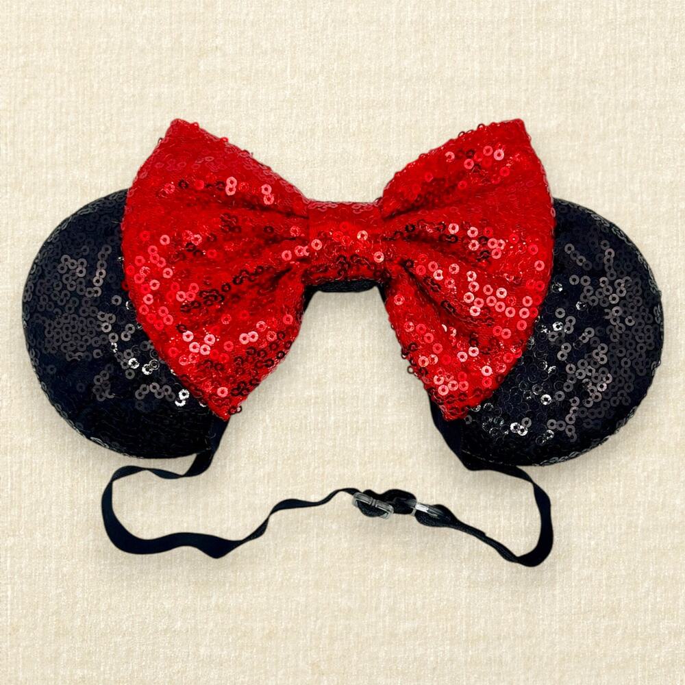 Elastic Black Sequin Minnie Ears — Red Bow | Disney-Inspired Mouse Ears